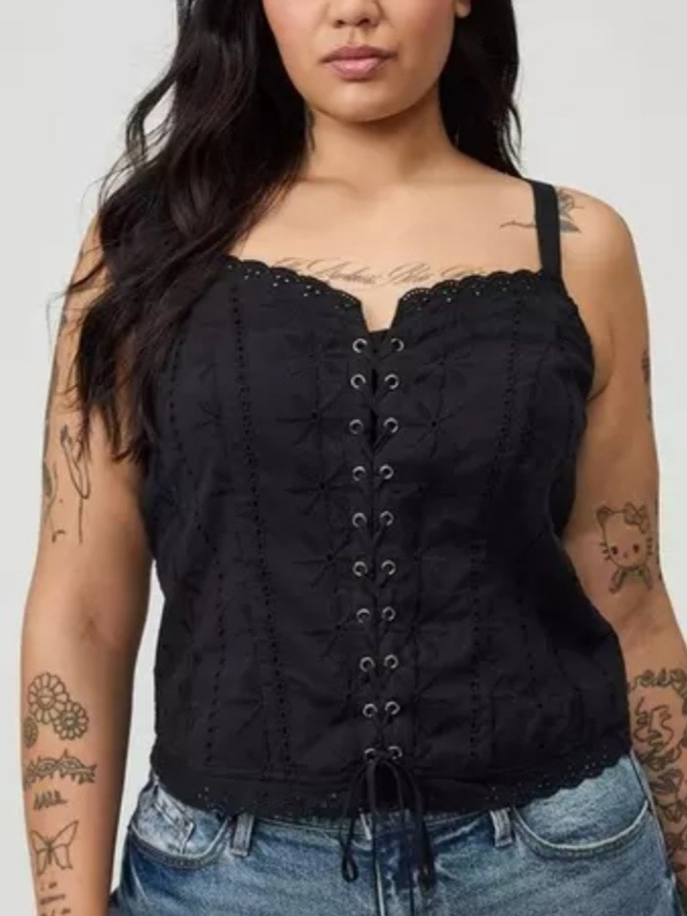 Torrid Cotton Eyelet Lace-Up Bustier Top Black Plus Size 2 2X 18-20 NWT Coquette